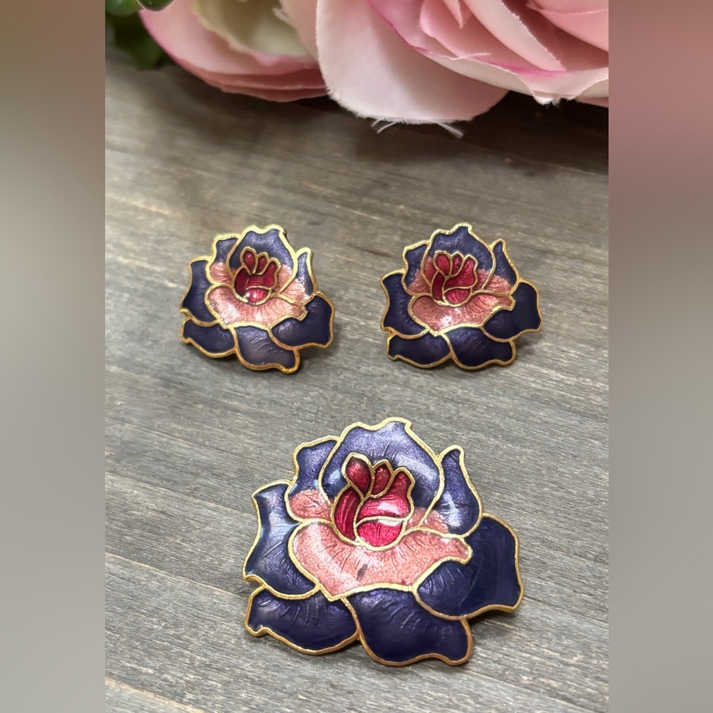 Floral Cloisonne Brooch and Earring Set